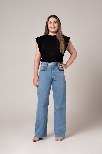 Calça Jeans Wide Leg Com Strass