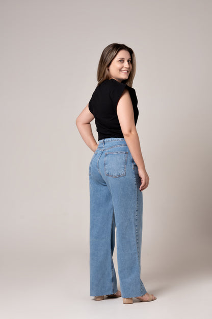 Calça Jeans Wide Leg Com Strass